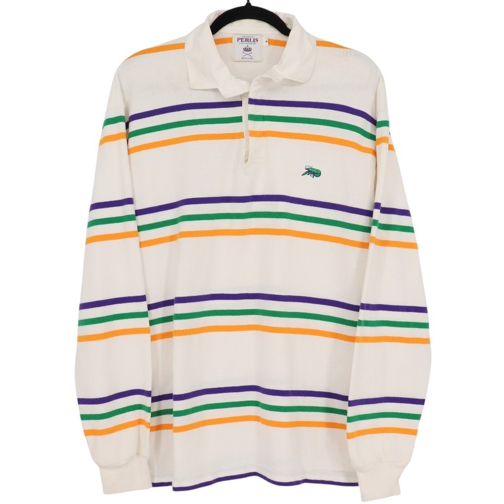 Perlis Mardi Gras Crawfish Spaced Stripe Rugby Shirt Size S White Long Sleeve